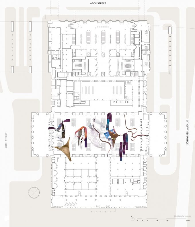 The floorplan of the 30th Street Station in Philadelphia with an area where a proposed architectural structure will be placed indicated.