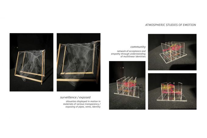 Four images of an architectural model of an installation.