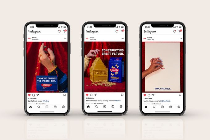 Three smart phone images showing different instagram posts as part of a social campaign for Barilla brand pasta.