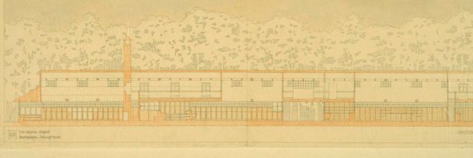 A hand-drawn architectural rendering of a proposed school.