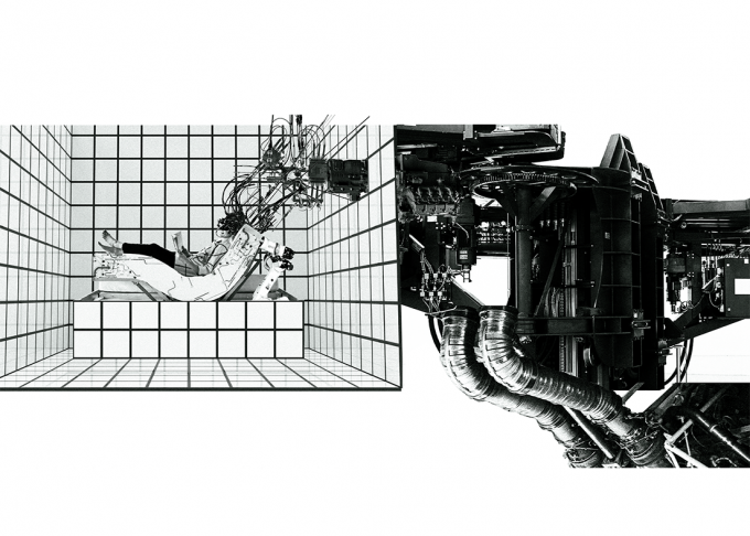 A split screen image of a person in an automated bed on the left and the mechanism that automates the bed at right.