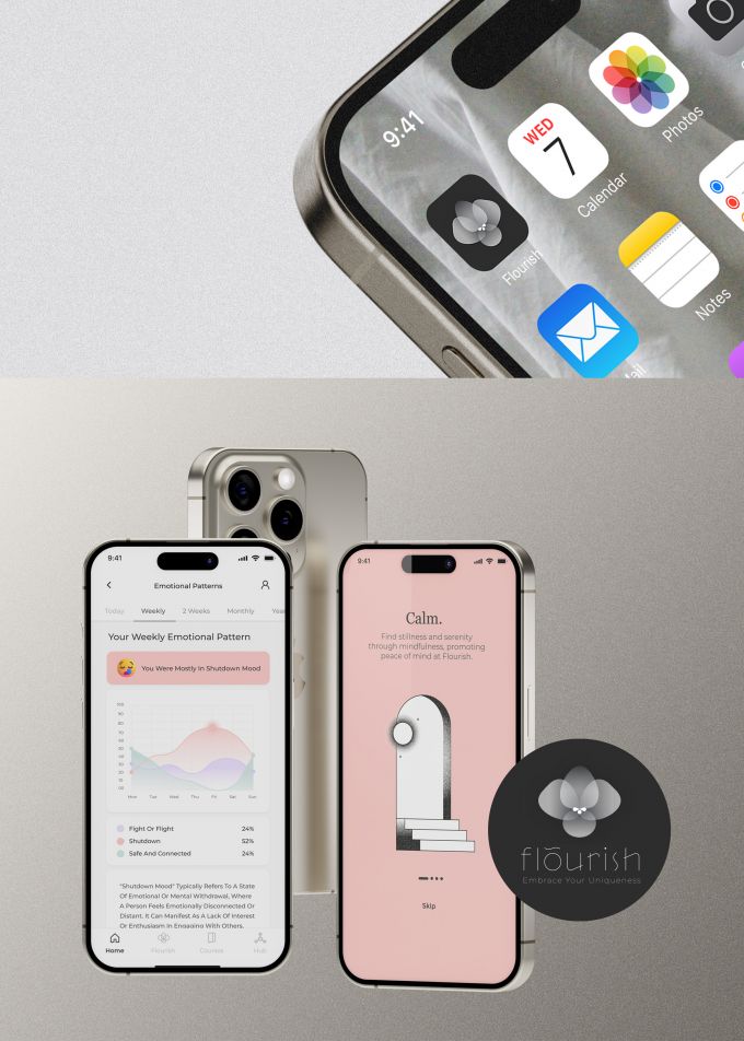 A split screen image of an iPhone home screen at top and the Flourish app on an iPhone screen at bottom.