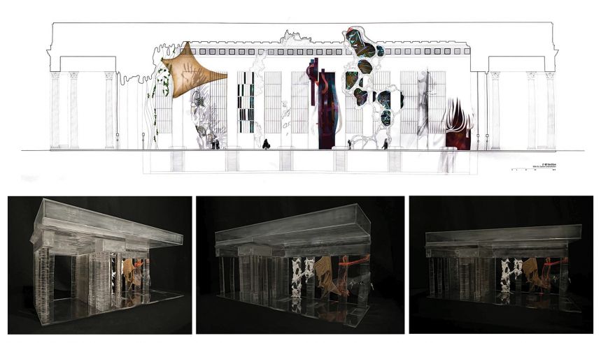 At top, a view of 40th Street Station in Philadelphia with a proposed architectural structure outlined atop to identify the location. Beneath are three views of the installation from different angles.