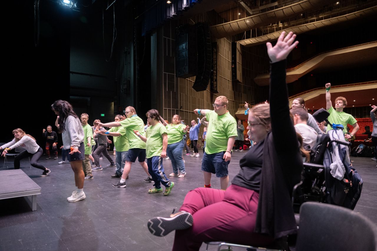 A diverse group of people of all abilities dance along with an instructor.