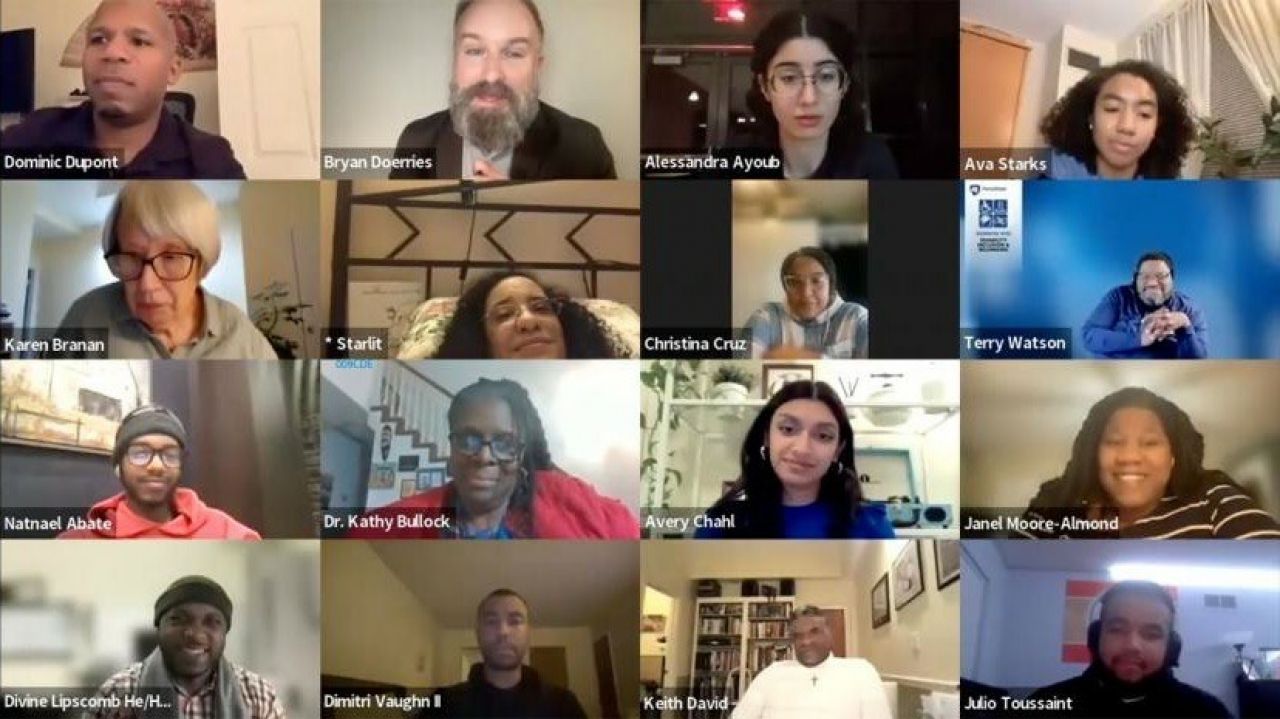 Sixteen people of diverse backgrounds each populate one rectangle that fills the screen.