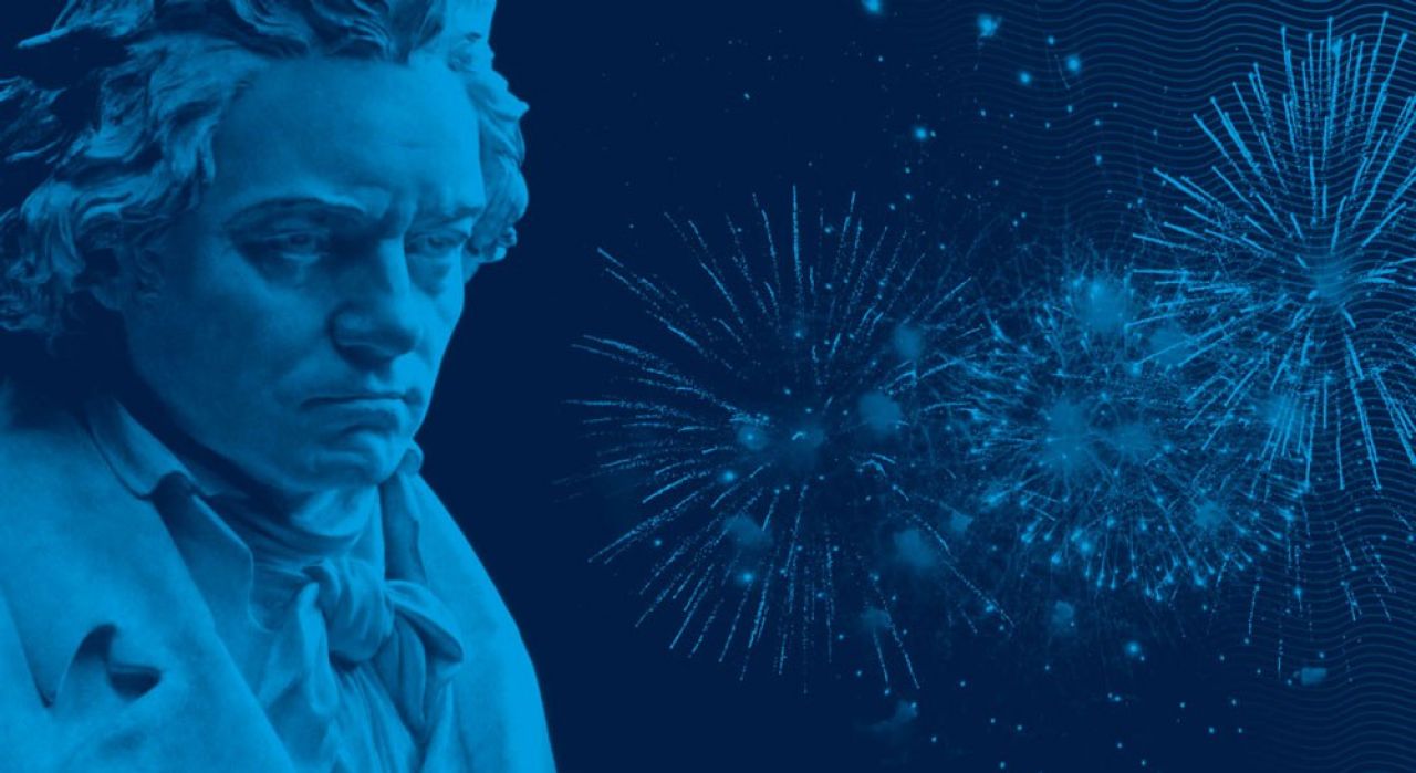 A bust of Ludwig van Beethoven is shown next to fireworks in a monochromatic color scheme.