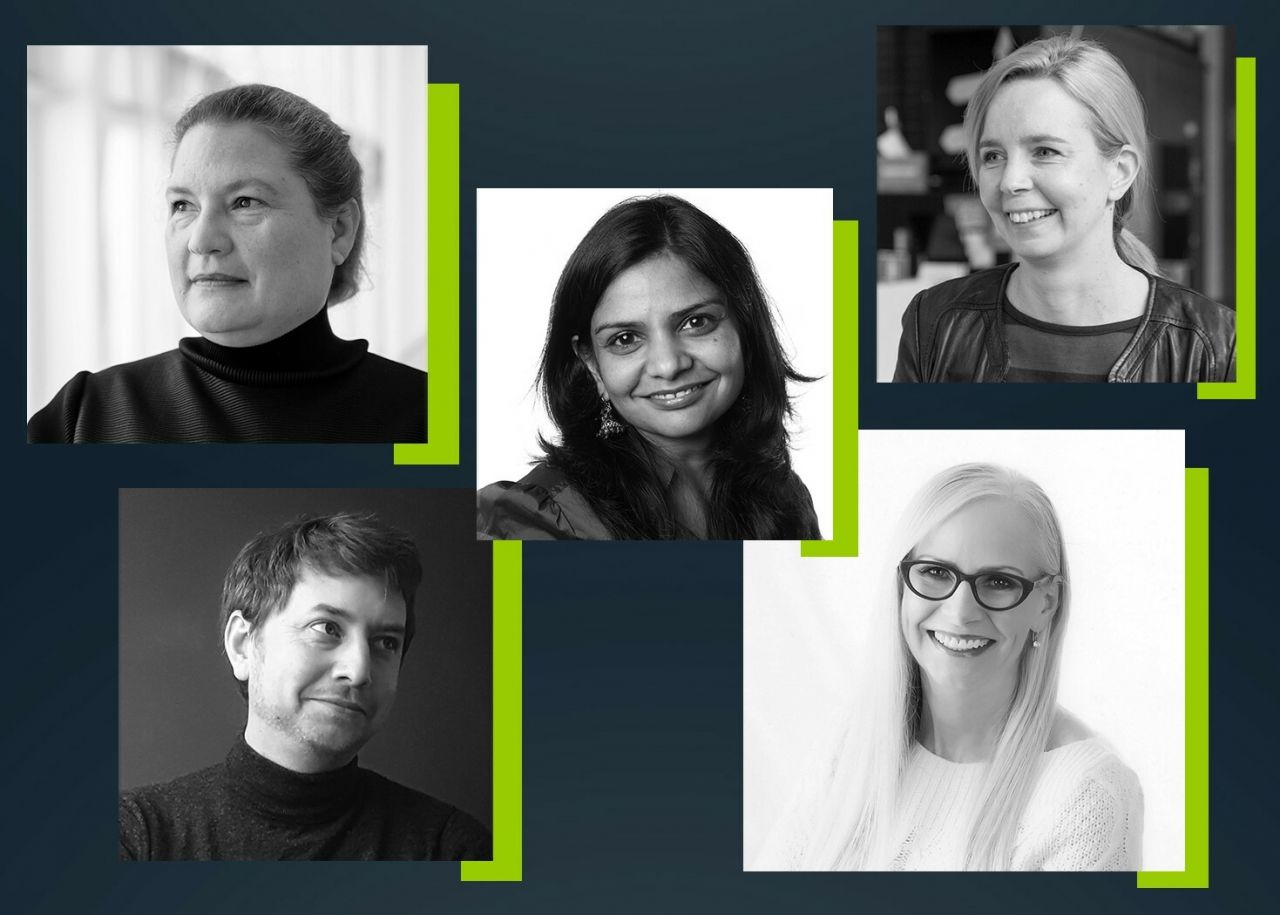 Black and white headshots of the five symposium speakers.