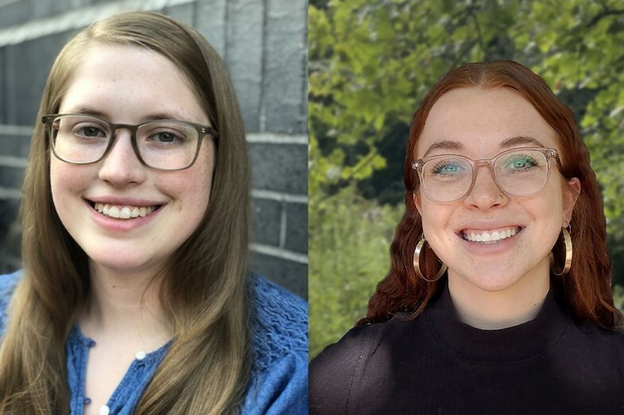 Side by side head shots of two young women smiling, the female on left has brown hair and glasses and the female on right has red hair and glasses