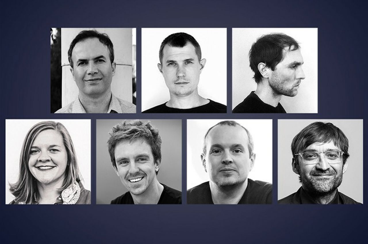 Black and white portraits of Rahman Azari, Michael Jefferson, Matthew Kennedy, Heather Ligler, Eduardo Mediero, Brian Peterka, and Juan Antonio Sánchez Muñoz, stacked three on four against a dark blue background.