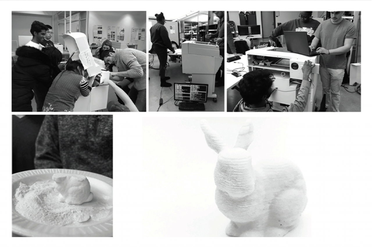 Students working on repairing the discarded 3D printer and some of the first successful prints.