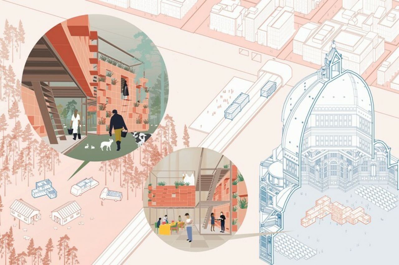 An architectural rendering of the “Plug and Serve Modular Structure".