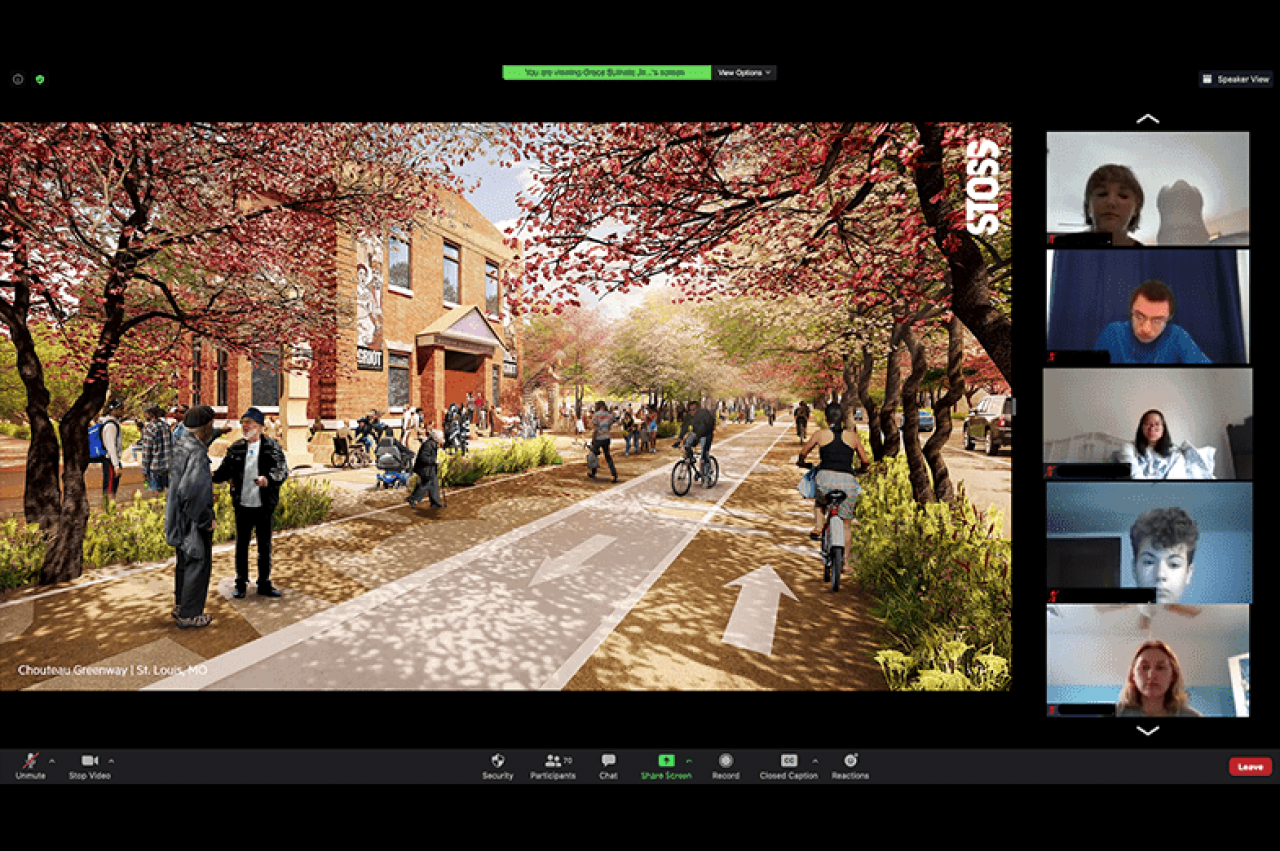 A screenshot of participants in the 2020 virtual Architecture and Landscape Architecture Summer Camp in 2020 examine Stoss Landscape Urbanism’s award-winning St. Louis Chouteau Greenway design
