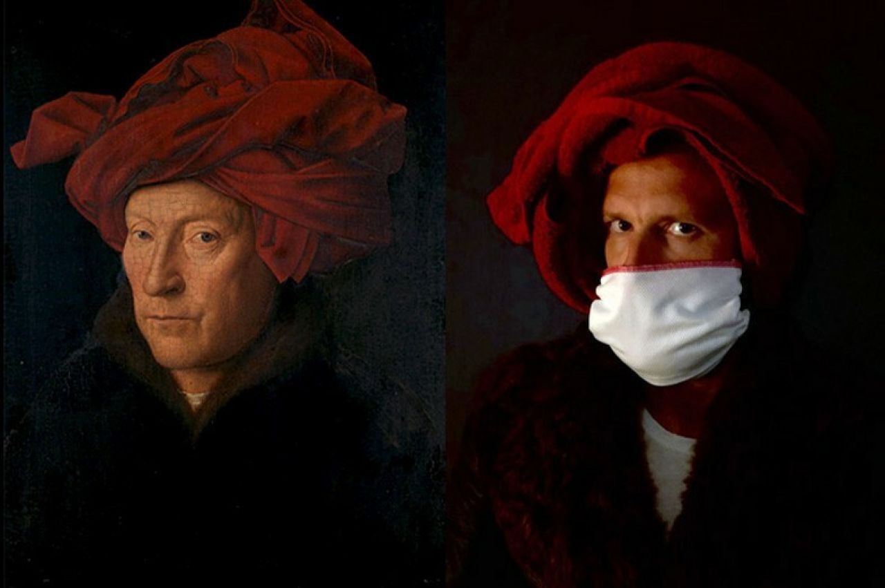 Recreation of a famous medieval portrait displayed side-by-side, images are each a close-up of a man with a black backdrop wearing a scarlet turban, the recreation has the man in a COVID-19 mask