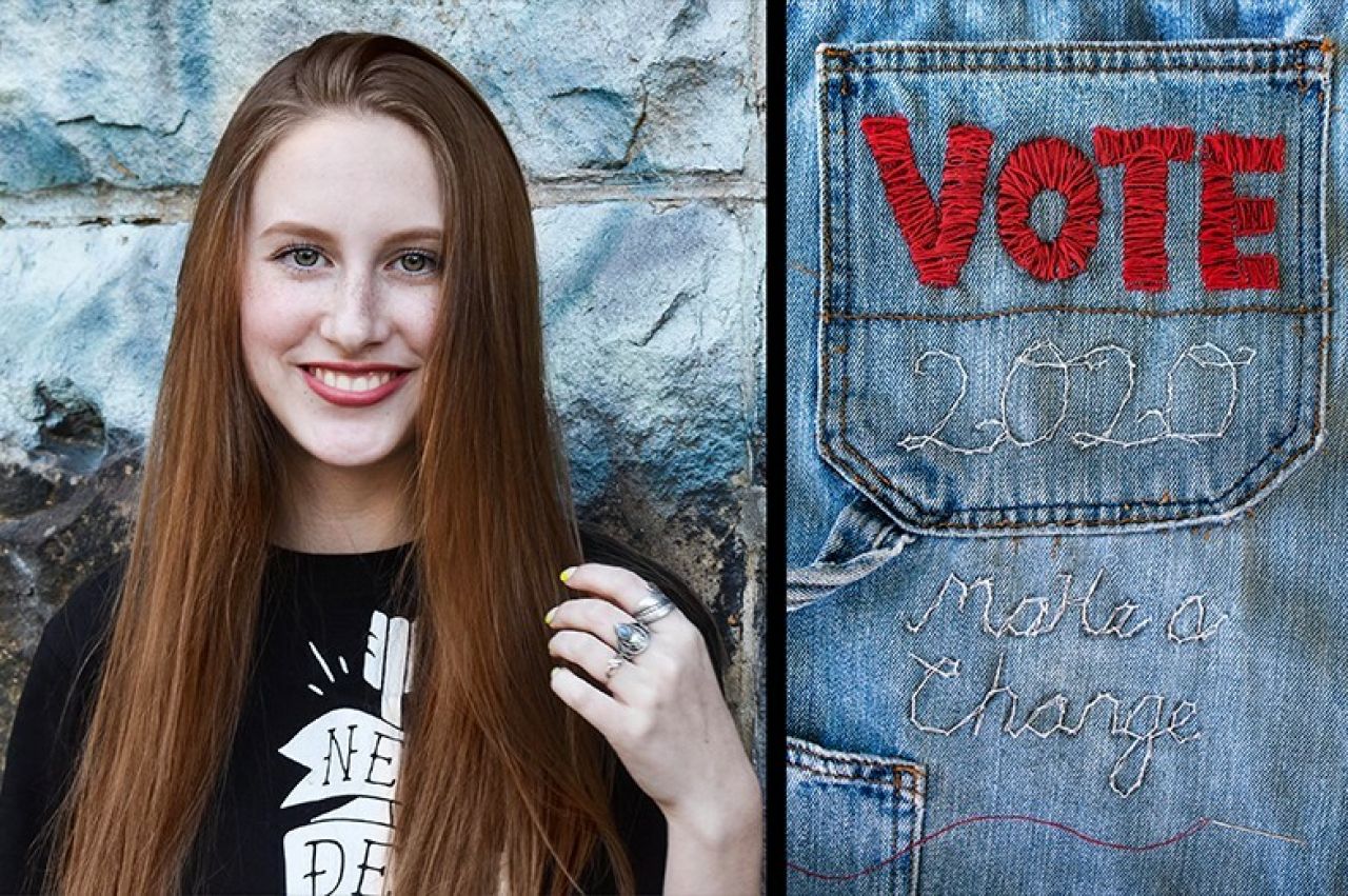 Scottie Everhart at left and her Vote 2020 design at right