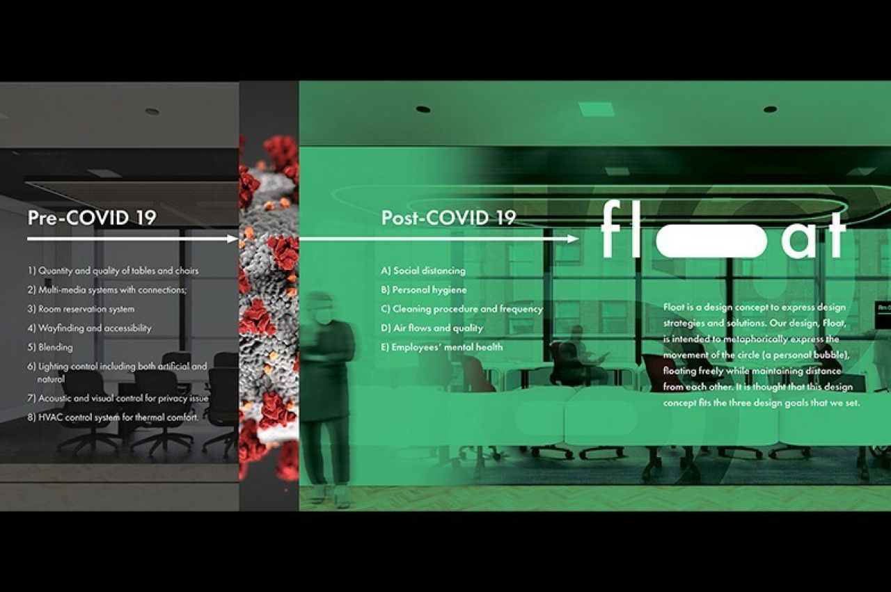 Image from the design plans of the Float project showing a post-COVID-19 collaborative workspace.
