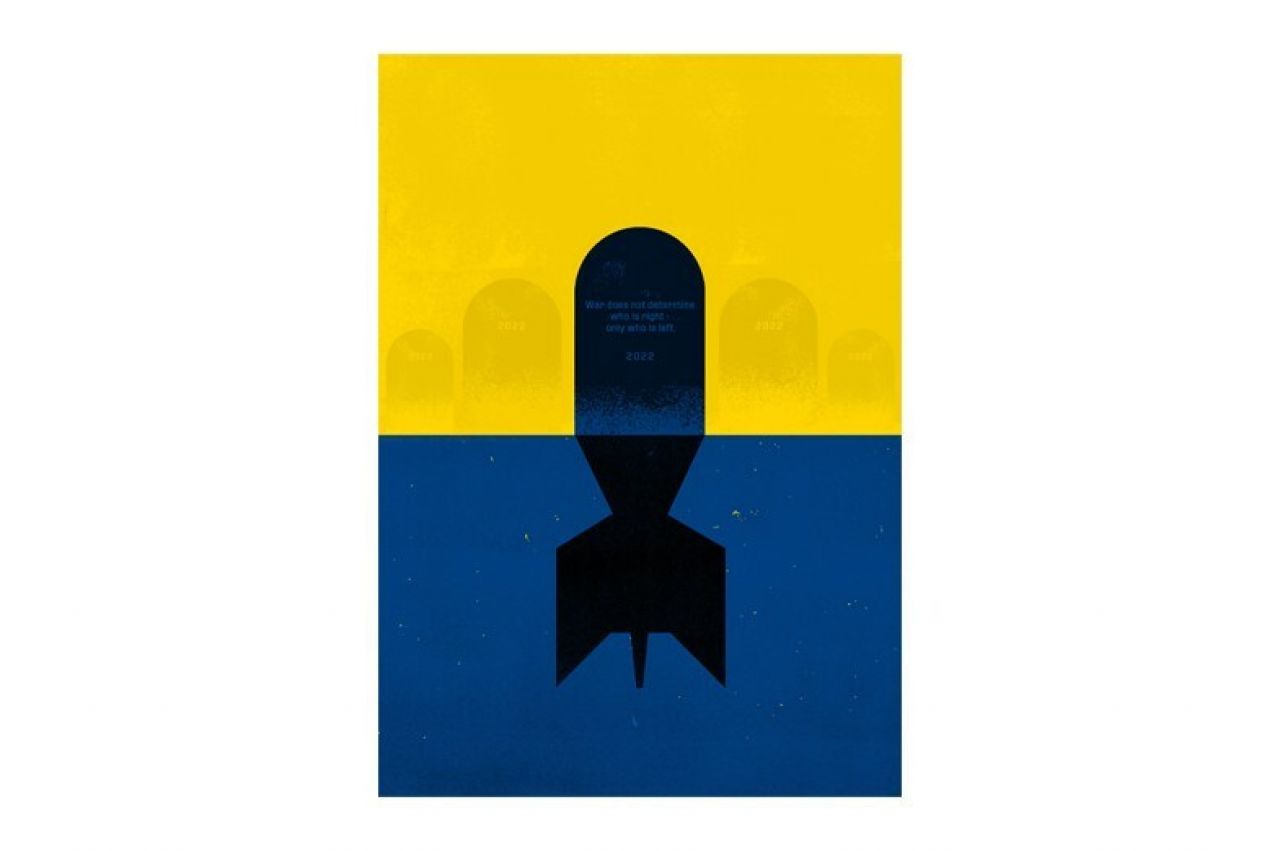 The flag of the Ukraine with a black missile atop containing the text "War does not determine who is right - only who is left. 2022"