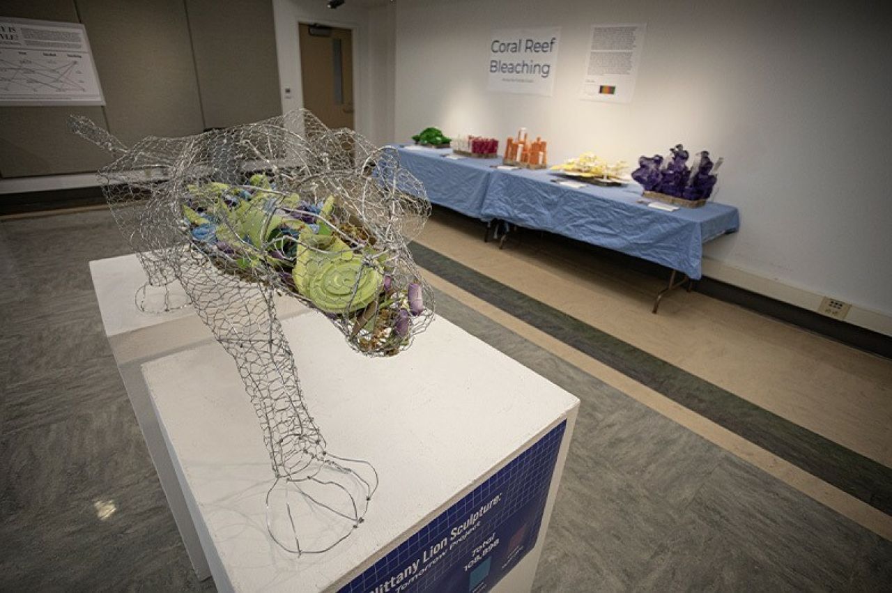 A structure made up of recycled materials on display in the Borland Project Space.