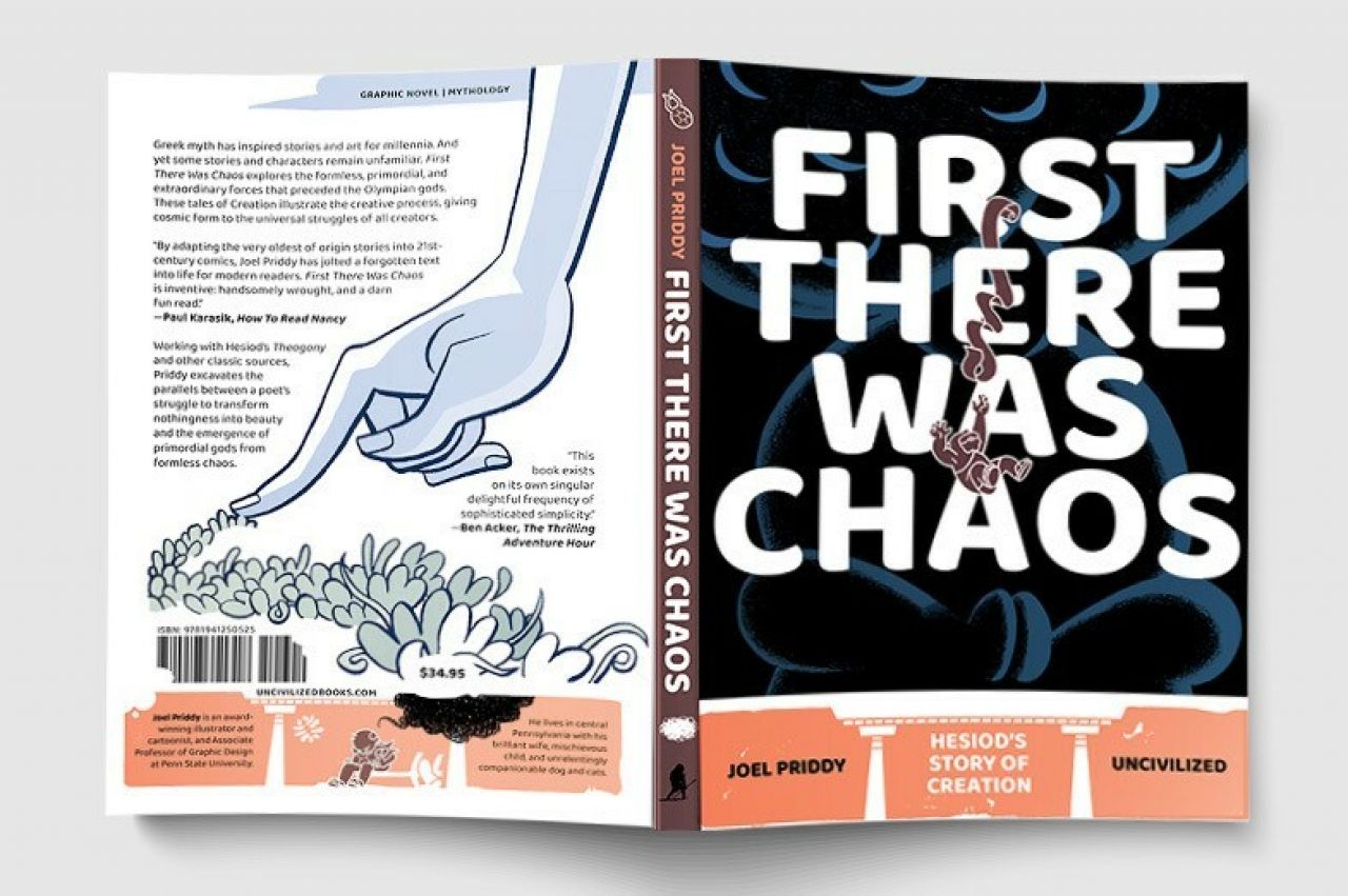 The front and back cover of the "First There Was Chaos" novel.