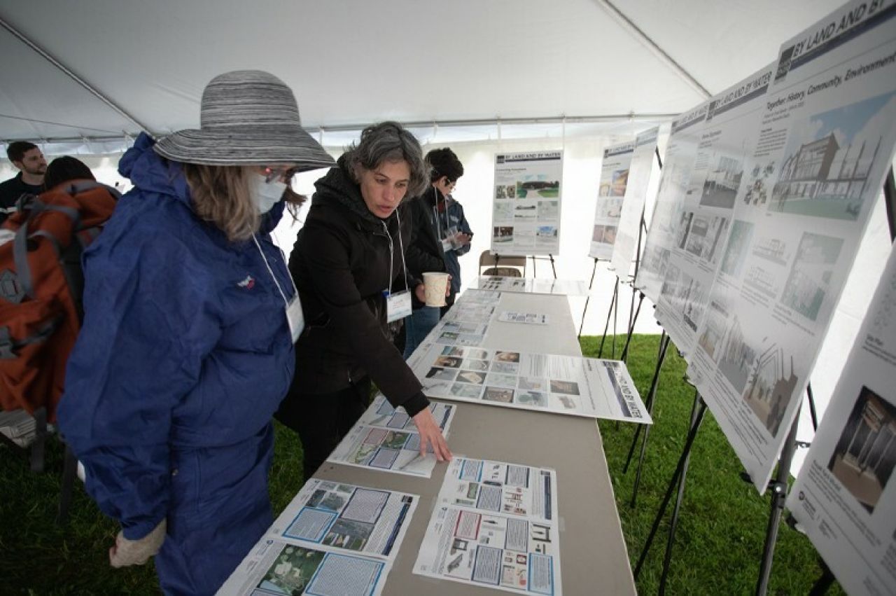 Lisa Iulo at center talks to residents of Selinsgrove, Pennsylvania.