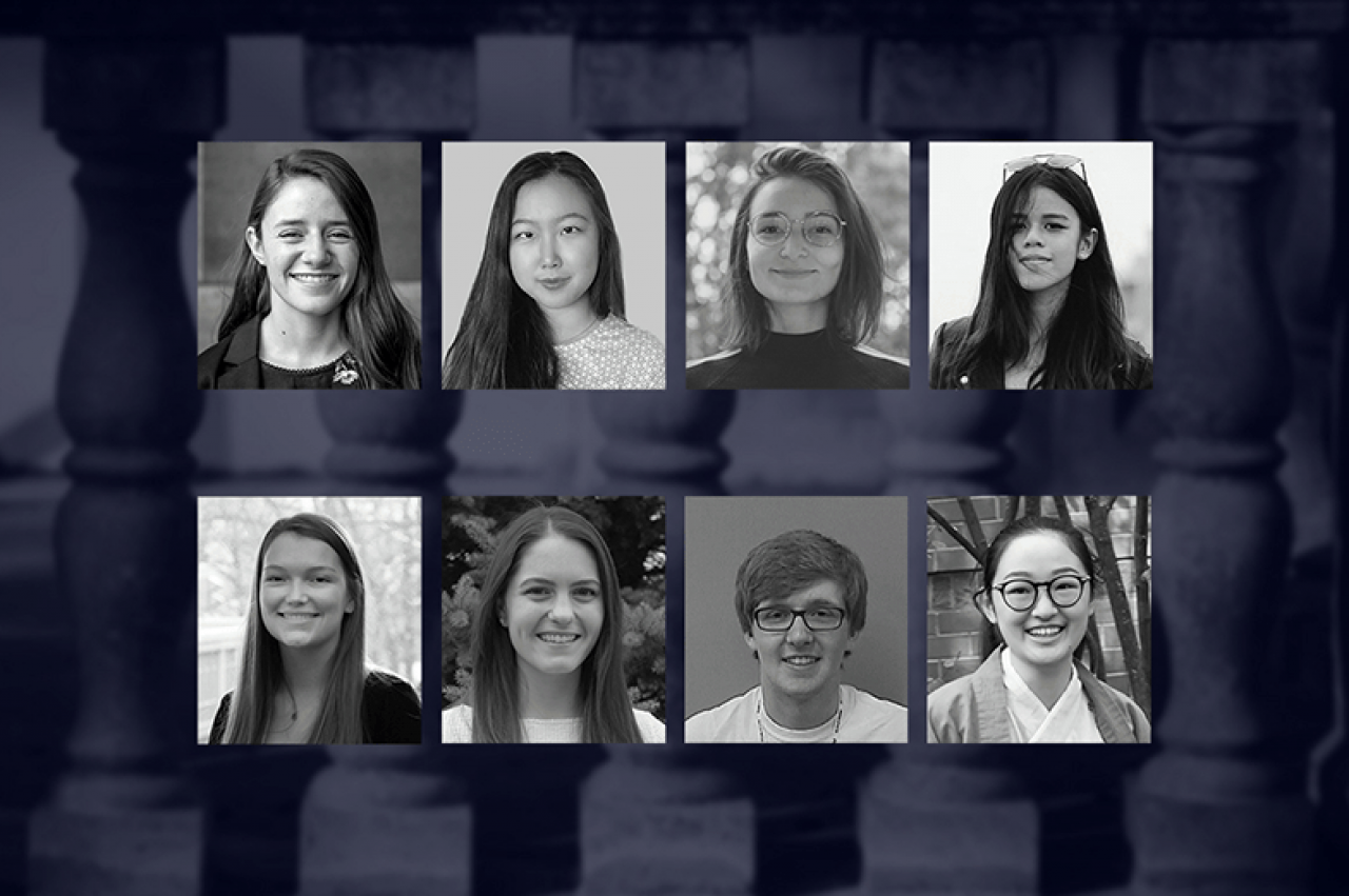 Top row: Madison Borsos, Zimeng Chen, Lara Garcia and Minh Anh Kieu. Bottom row: Grace McNeill, Lauren Taylor, Jake Tiernan, and Zheming Zhang.