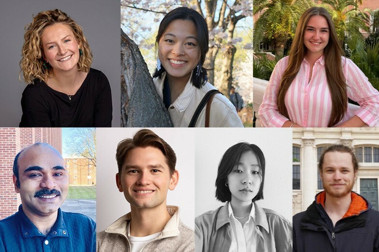 Clockwise from top left headshots of Olivia Krum, Anne Lai, Grace Stewart, David Wasson, Handou Chen, Christopher Coughlin and Somdeep Nandy.