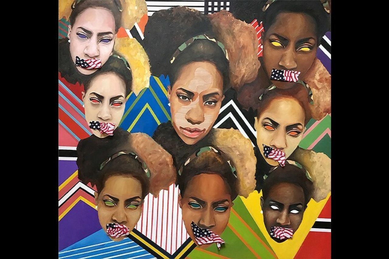 Photo of a square mixed-media painting created with vibrant colors depicting several randomly placed portraits with country flags covering each subject's face. The background of the artwork is geometric shapes in various colors.