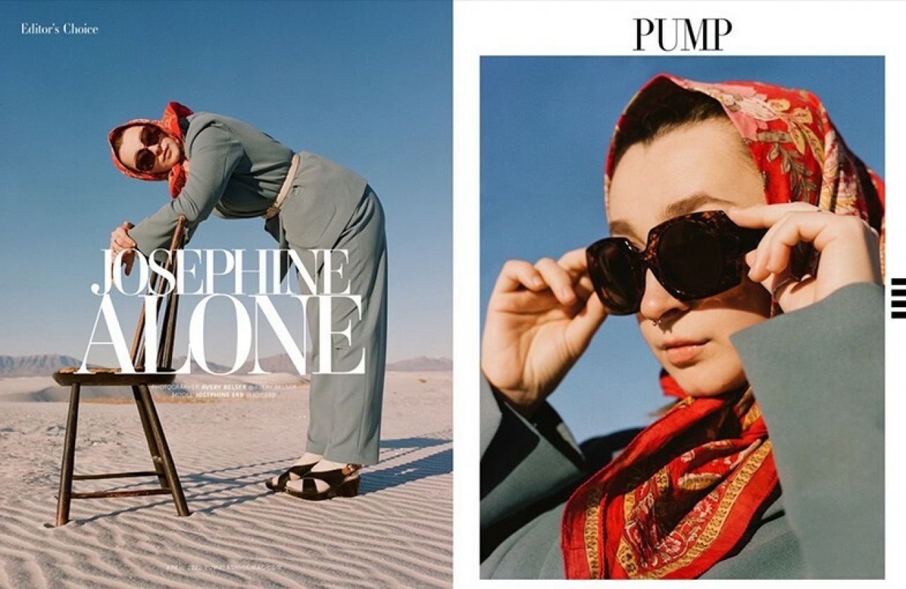 side by side images of a woman with a olive green business suit wearing a red head wrap and large sunglasses in the desert