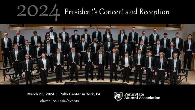 President's Concert poster image showing formally-attired musicians standing on arced risers in a recital hall.