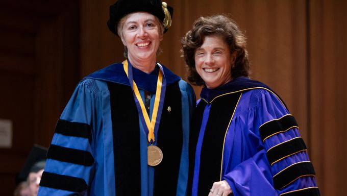 Marica Tacconi, left, Penn State distinguished professor of musicology and art history, and Williams College President Maud S. Mandel. Credit: Photo by