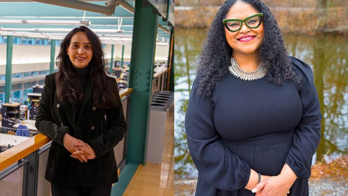 Side by side images of two young woman. On the left a woman with black hair, on the right a Black woman with black hair and dark rimmed glasses