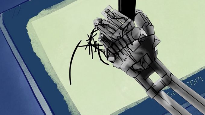 Animated image of a robot arm and hand drawing on paper