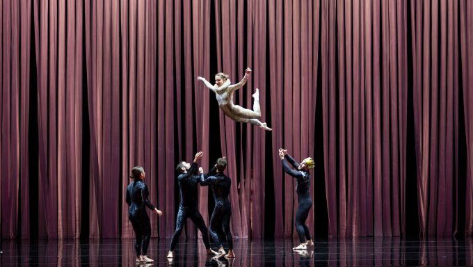 A group of acrobats wearing matching leotards throw and prepare to catch a woman dressed as a bird.