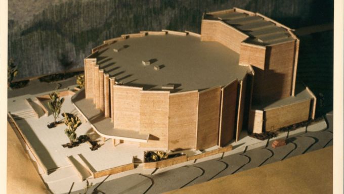 A 3-D architectural model depicts the original plans for University Auditorium, now Eisenhower Auditorium.