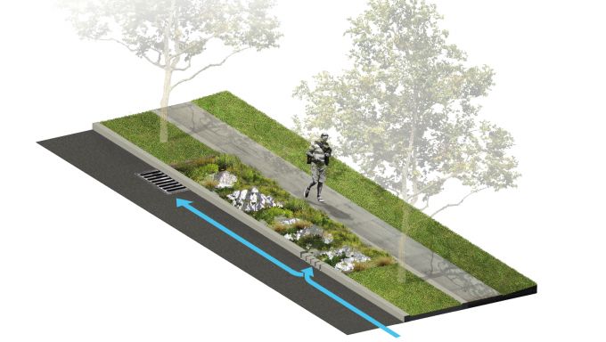 A rendering of stormwater flowing under street level as a man walks on the adjacent sidewalk.