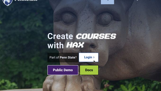 Screen shot of a web page with an image of a lion statue (the nittany lion) as the back ground