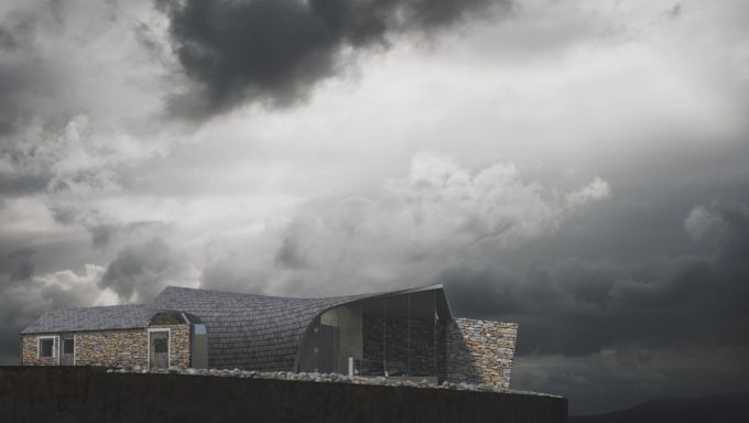 An architectural rendering of a building on a dark, dreary island.