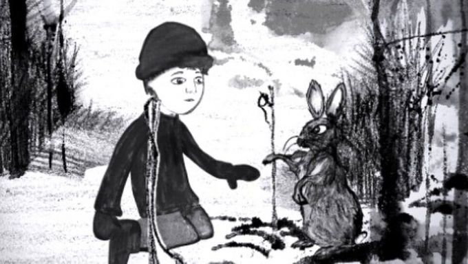 An illustration of a boy reaching out to a rabbit.