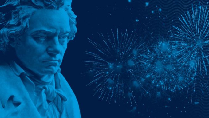 A bust of Ludwig van Beethoven is shown next to fireworks in a monochromatic color scheme.