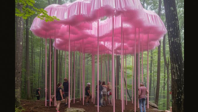 An AI rendering of a pink pavilion design with people standing beneath it in a forest.
