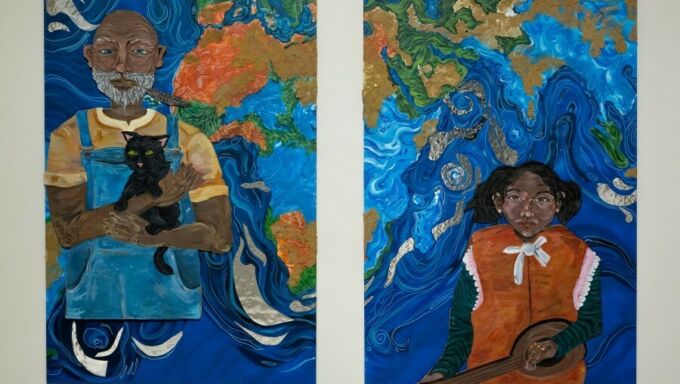 Two paintings on display of two people against a stylized background of Earth’s continents and oceans.