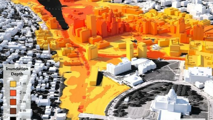 A three-dimensional visualization showing inundation depths in Providence, Rhode Island, from a hypothetical storm dubbed "Hurricane Rhody." Darker colors indicated deeper inundation levels. Peter Stempel, associate professor of landscape architecture, creates visualizations such as the one above to help coastal communities quickly understand the risks posed by hurricanes and other coastal storms. Credit: Image courtesy of Peter Stempel. All Rights Reserved.