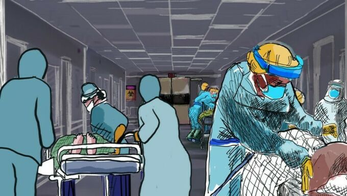 Animation of nurses wearing blue gowns and PPE