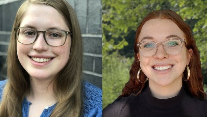 Side by side head shots of two young women smiling, the female on left has brown hair and glasses and the female on right has red hair and glasses