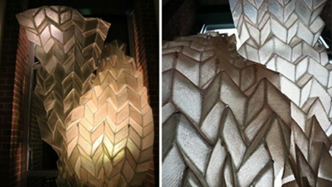 The Phototropic Origami Fiber Composite Structure that Felecia Davis has developed is pictured during the evening, at left, and during the day.