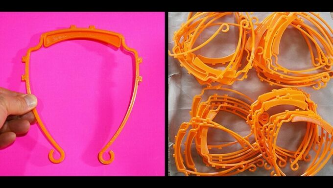 A split scree image of a 3D-printed headband being held up at left and a stack of 50 headbands at right.
