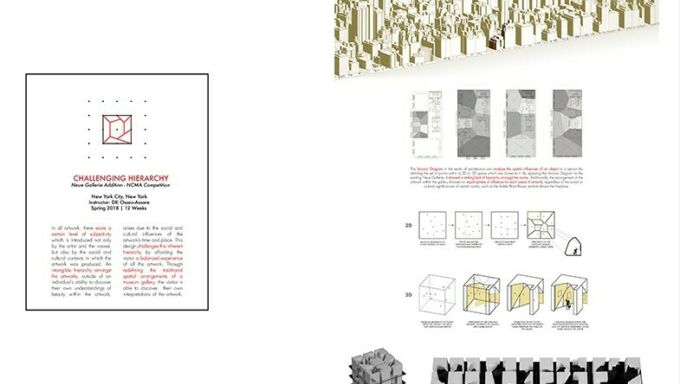 Challenging Hierarchy text on the left and visual representations of challenging hierarchy in architectural buildings on the right.