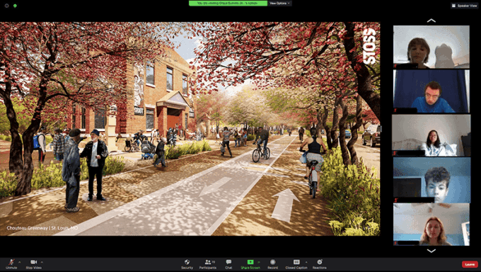 A screenshot of participants in the 2020 virtual Architecture and Landscape Architecture Summer Camp in 2020 examine Stoss Landscape Urbanism’s award-winning St. Louis Chouteau Greenway design