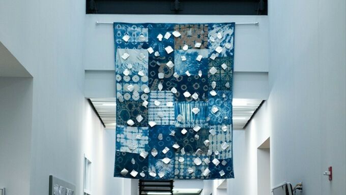 indigo-colored quilt hanging in a hallway of a campus building