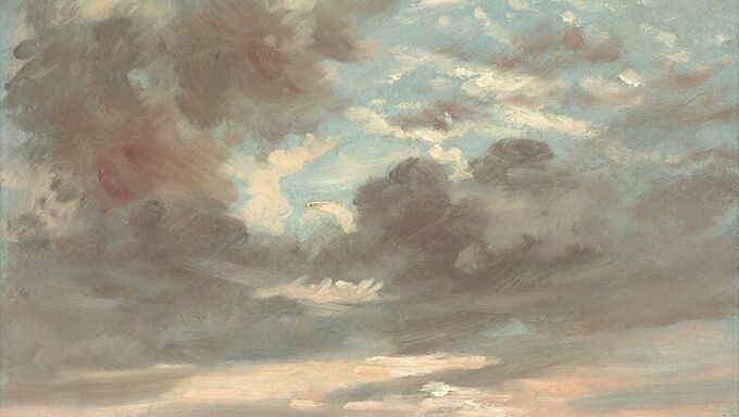 Painting of a cloudy sky with sunlight poking through