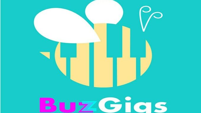 vibrant pastel-colored graphic of a bee whose body is a piano keyboard and below the graphic is the company name buzgigs